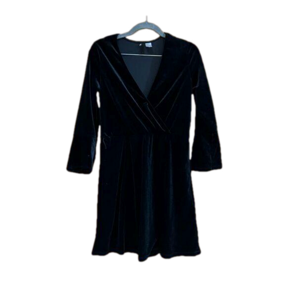 DIVIDED H&M Black Velour Velvet Size 4 Faux Wrap Dress V-Neck Flounce Sleeve F84